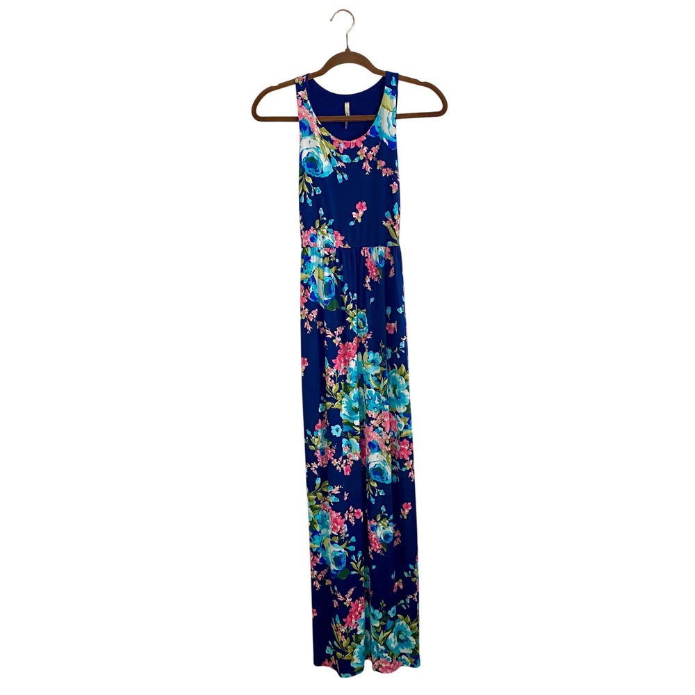 Bellamie Floral Maxi Dress Small Racerback Blue Pink‎ Cottagecore Made in USA